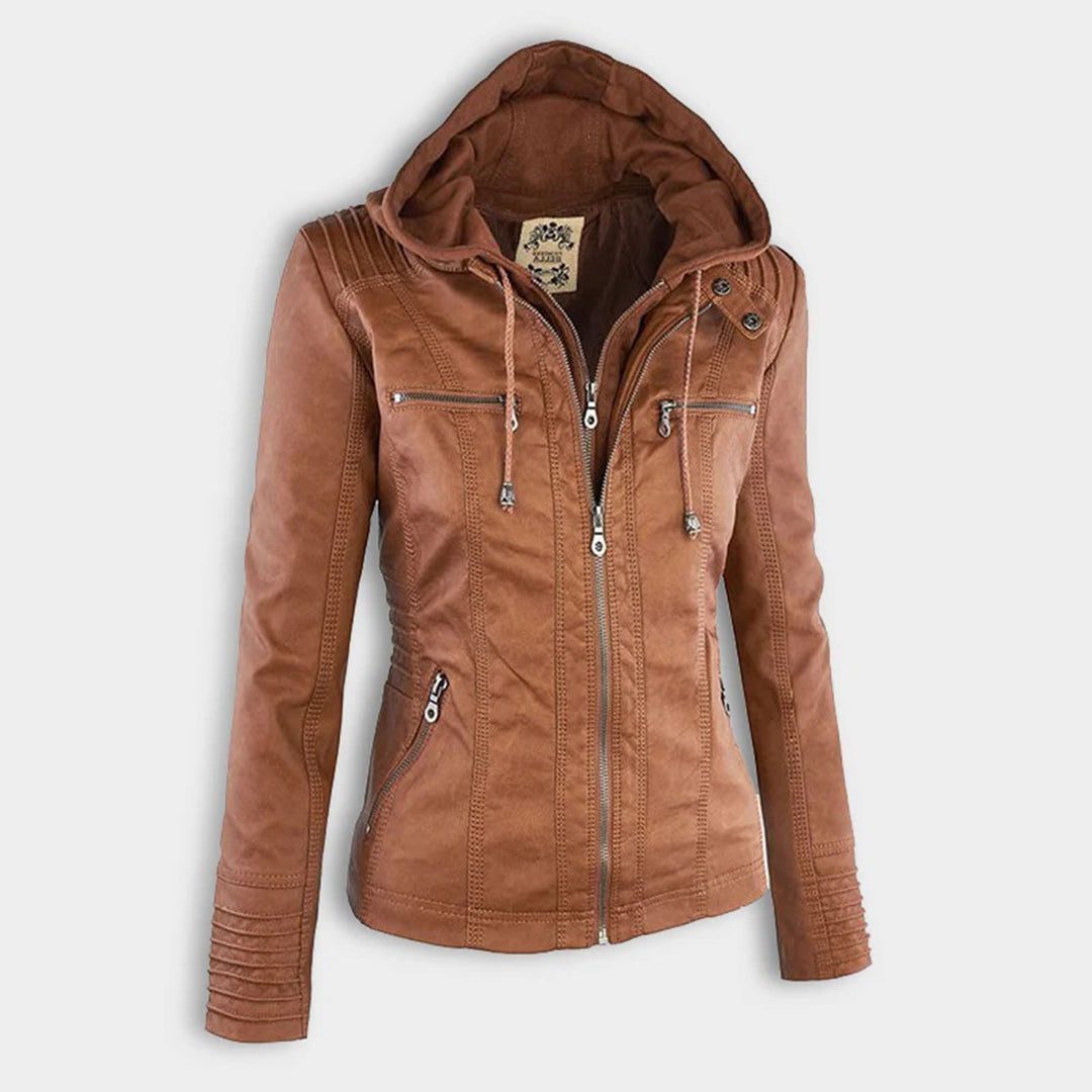 Hooded Faux Leather Jacket with Zip for Women - View 7