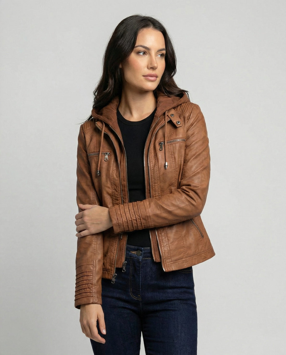 Hooded Faux Leather Winter Jacket with Quilted Sleeves for Women