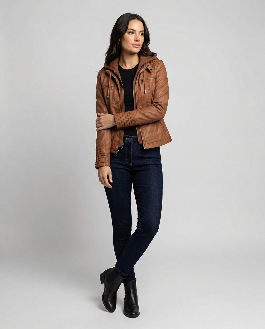 Hooded Faux Leather Winter Jacket with Quilted Sleeves for Women