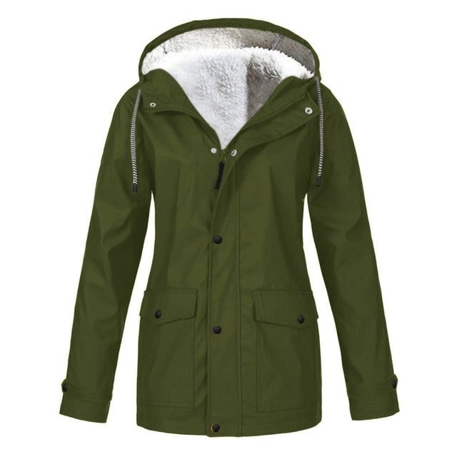 Hooded Fleece-Lined Waterproof Winter Coat for Women - Navy Green