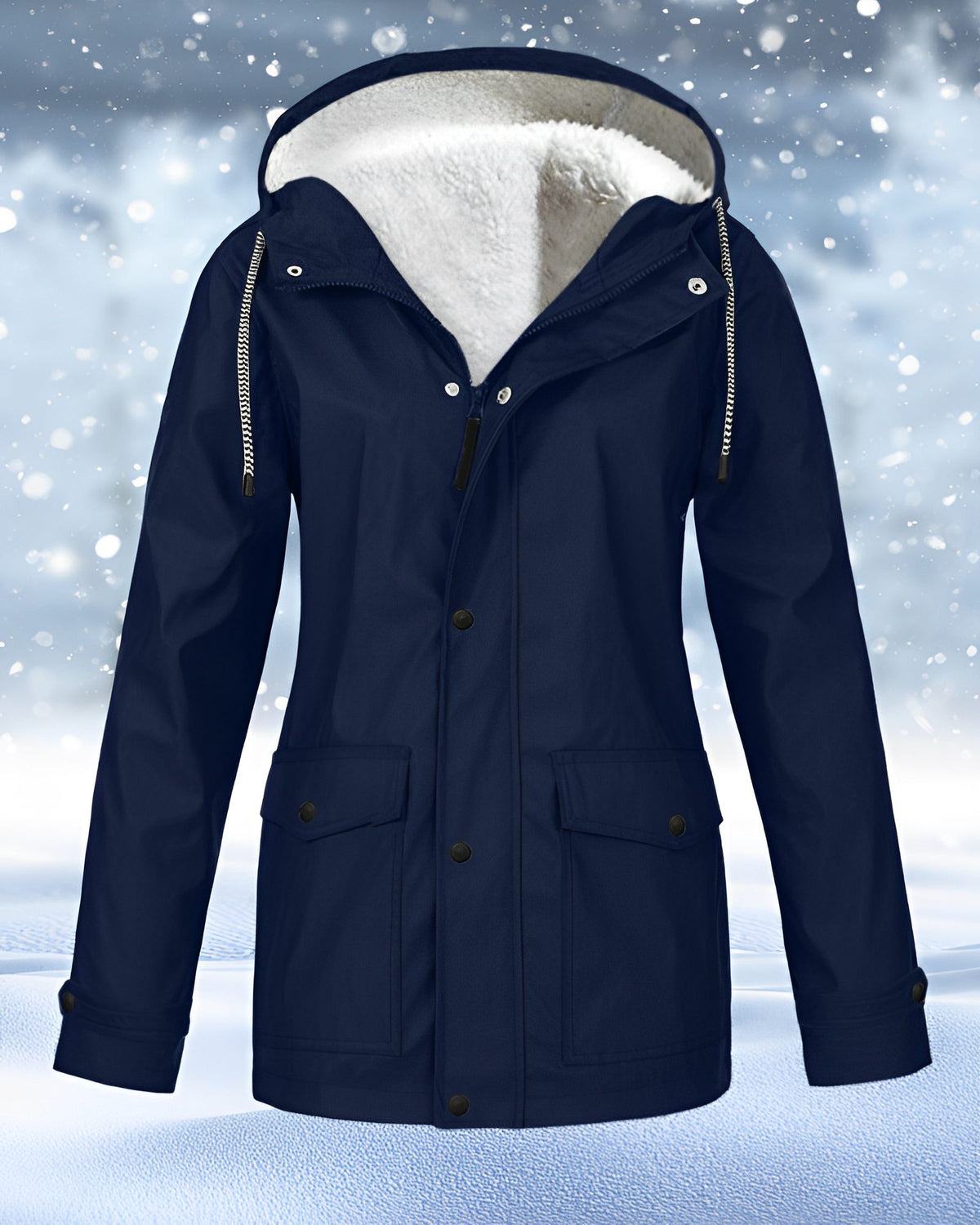 Hooded Fleece-Lined Waterproof Winter Coat for Women - Navy Blue