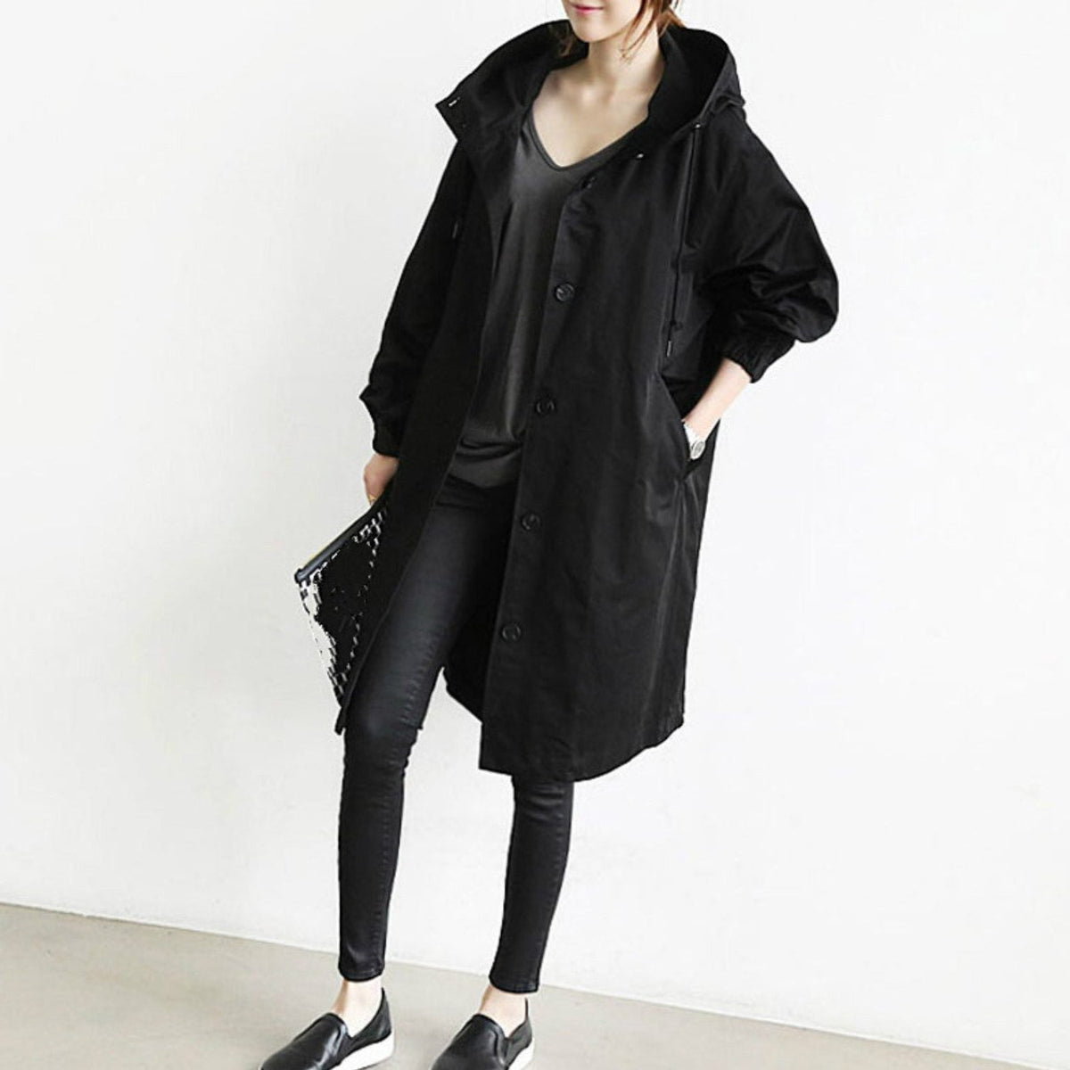 Hooded Long Trench Coat with Welt Pockets for Women