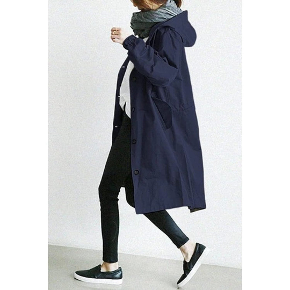 Hooded Long Trench Coat with Welt Pockets for Women - Dark Blue