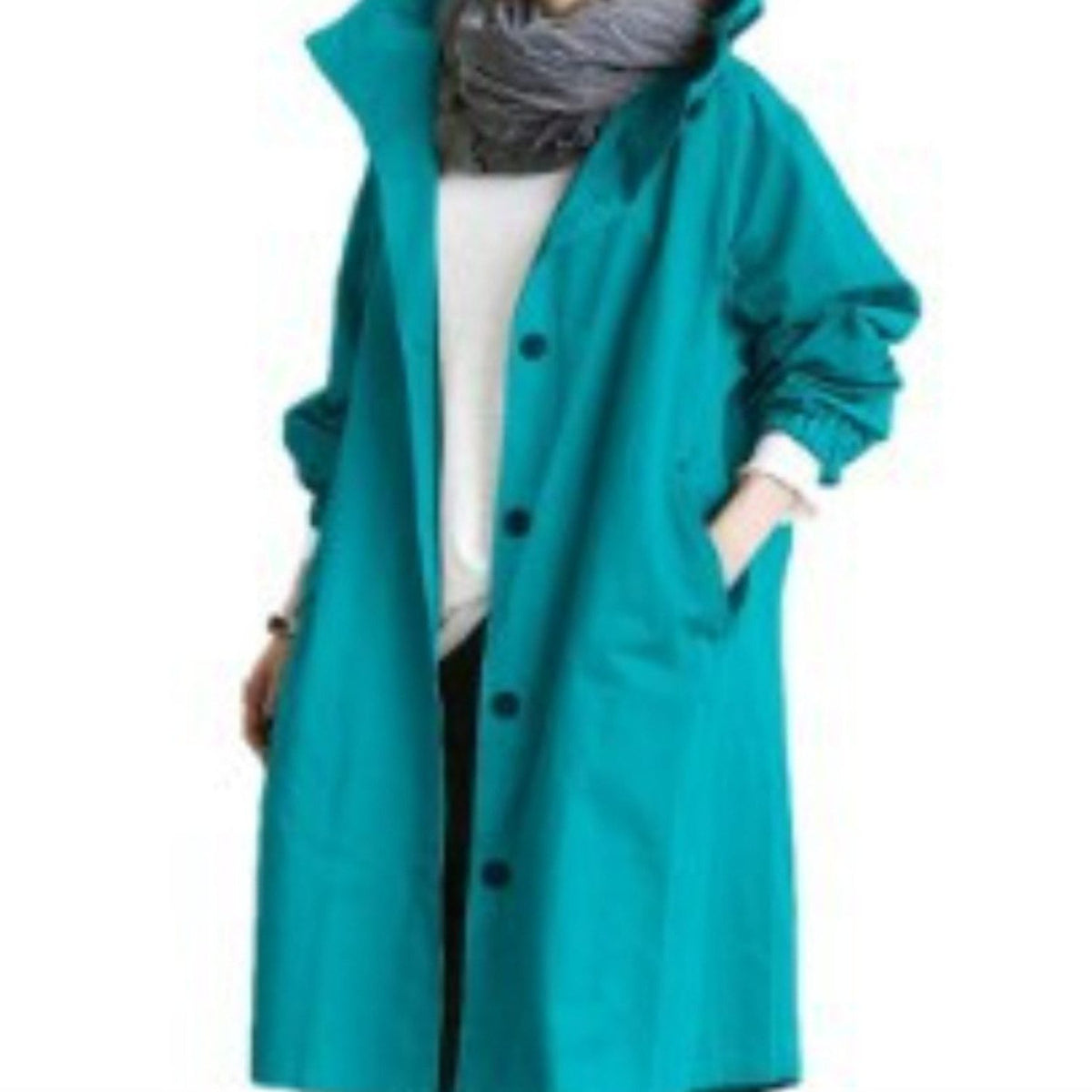 Hooded Long Trench Coat with Welt Pockets for Women - Blue
