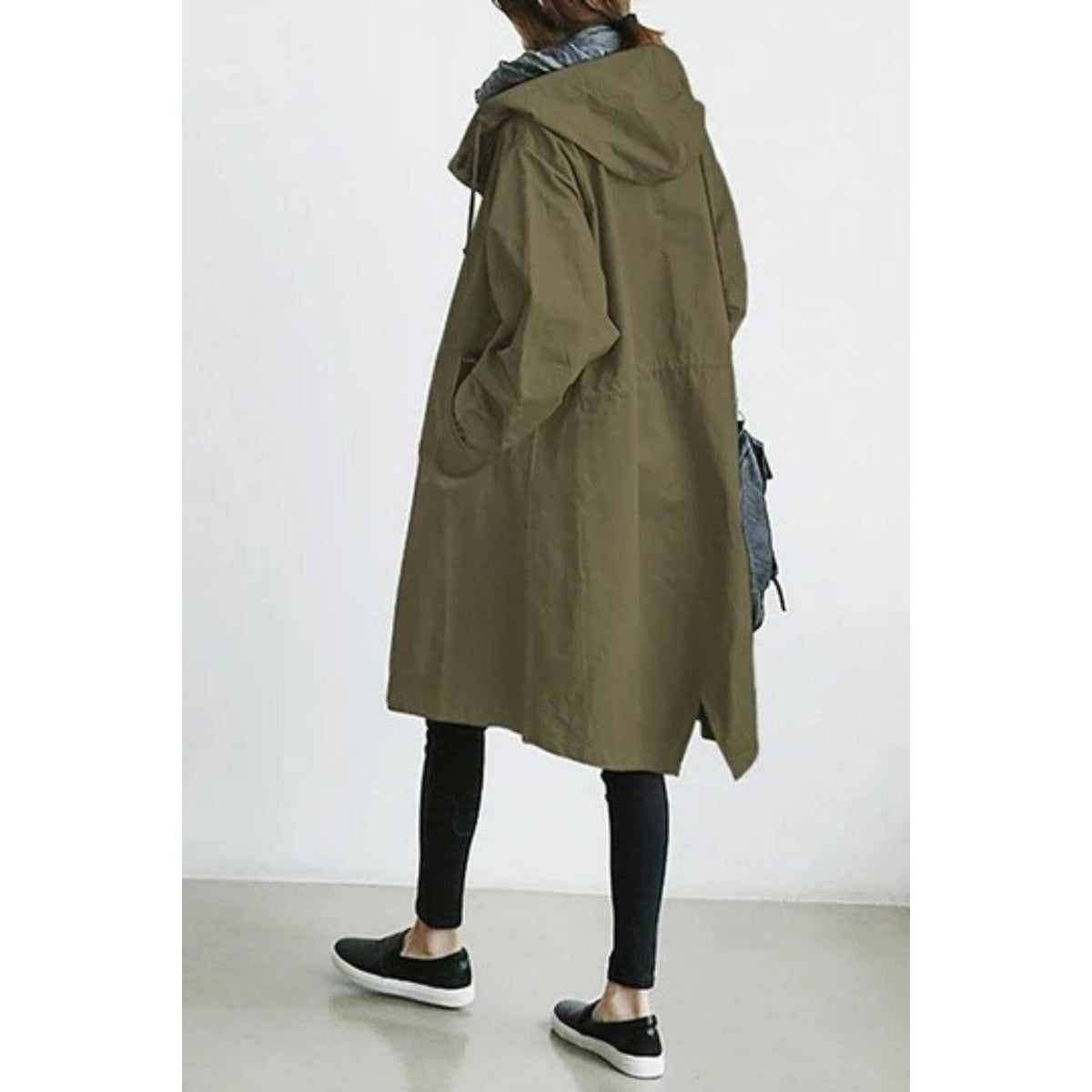 Hooded Long Trench Coat with Welt Pockets for Women - Green