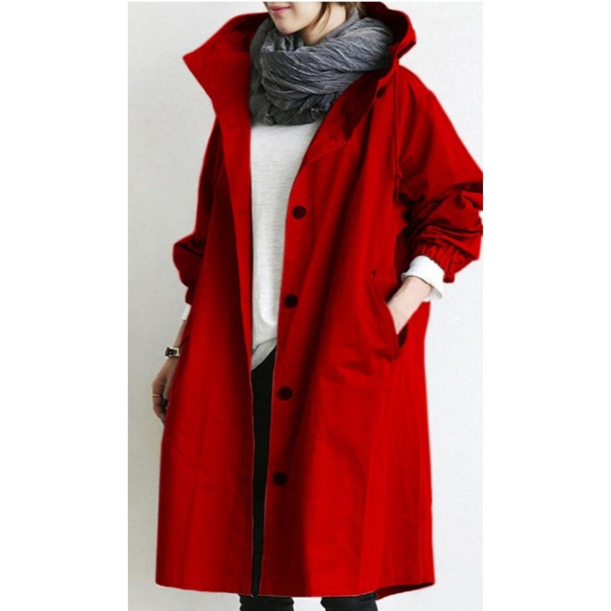 Hooded Long Trench Coat with Welt Pockets for Women - Red