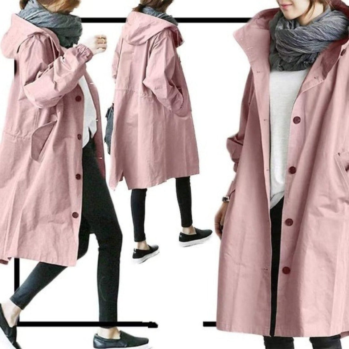 Hooded Long Trench Coat with Welt Pockets for Women - Pink