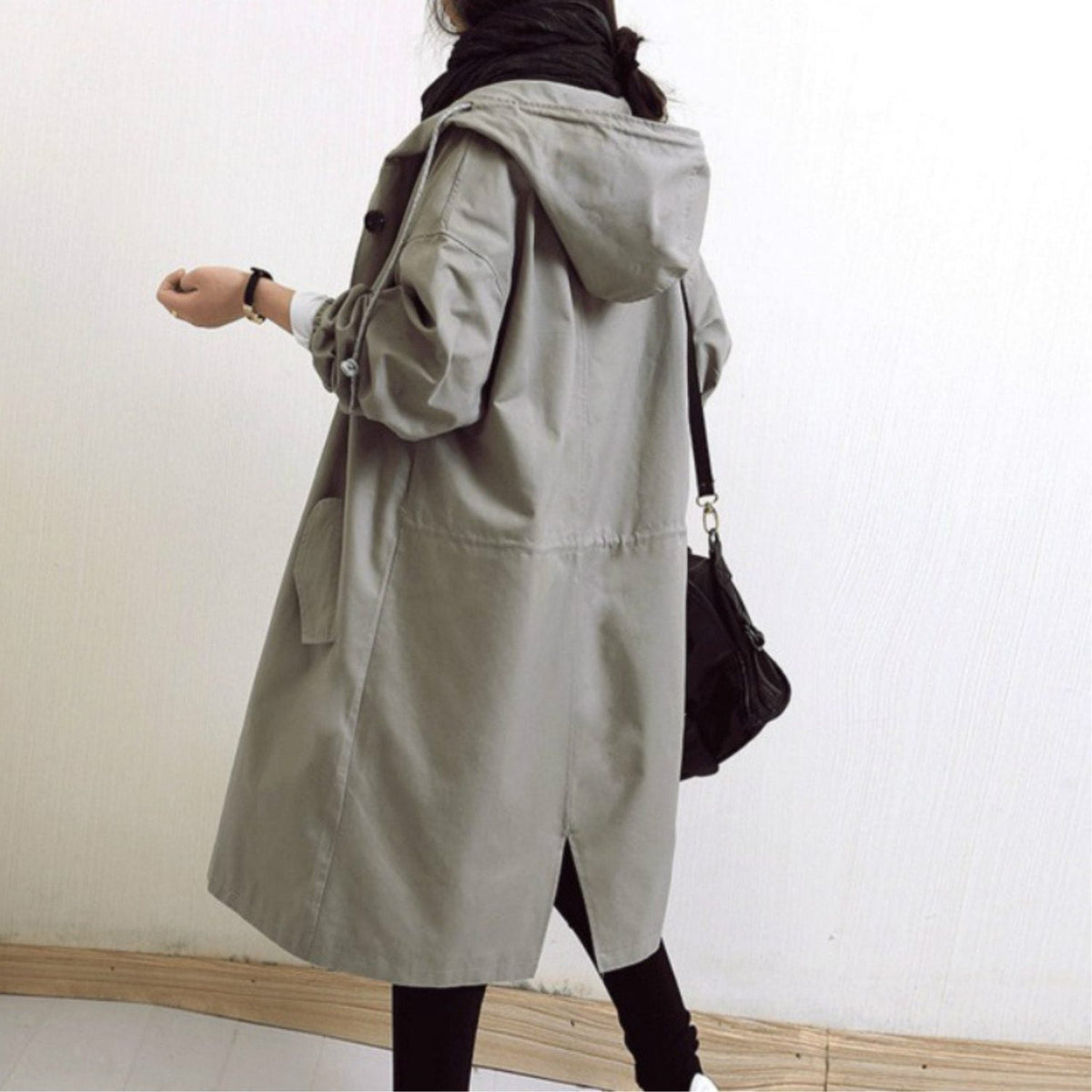 Hooded Long Trench Coat with Welt Pockets for Women - Grey