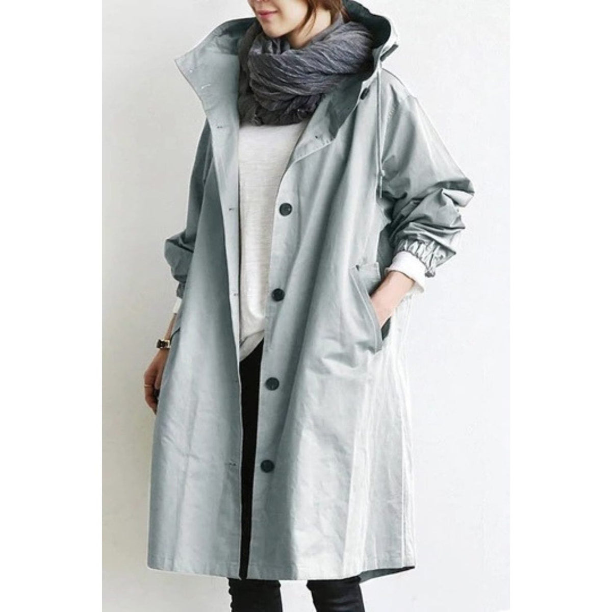 Hooded Long Trench Coat with Welt Pockets for Women - Light Grey