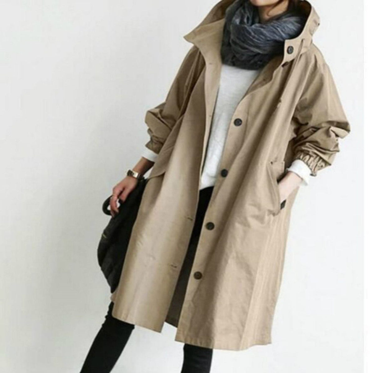 Hooded Long Trench Coat with Welt Pockets for Women - Khaki