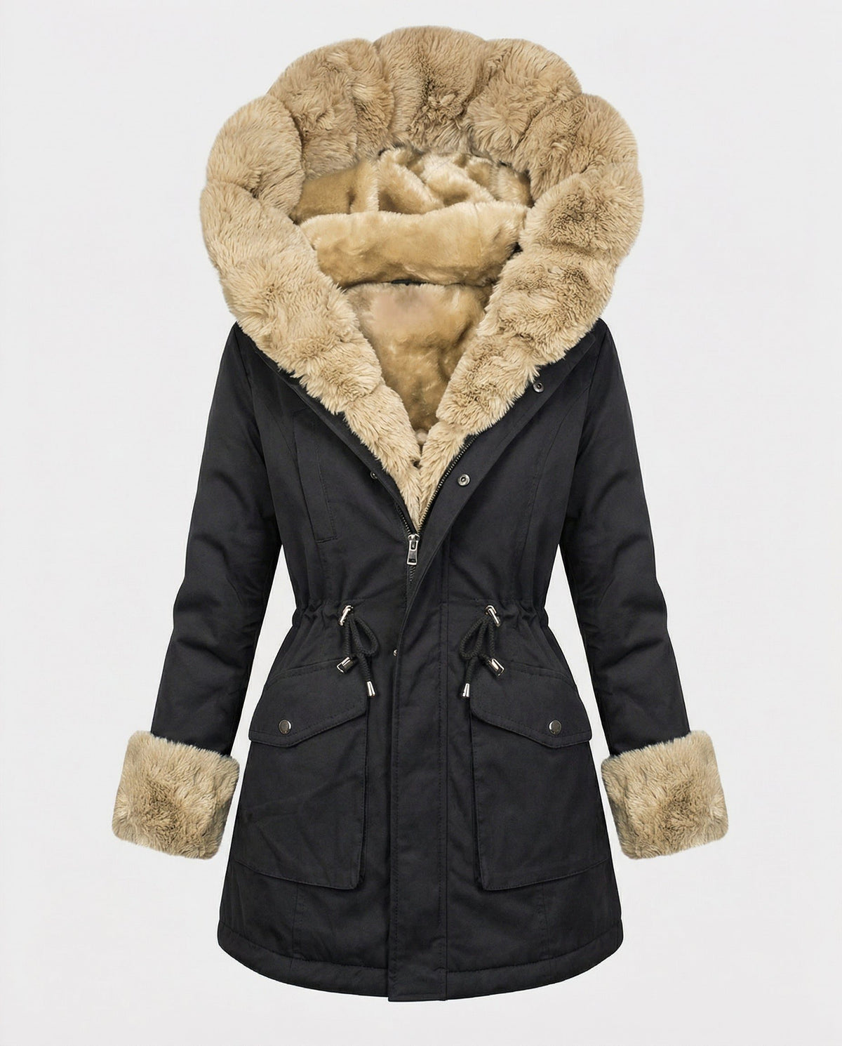 Hooded Longline Padded Winter Parka with Faux Fur Collar for Women - Black