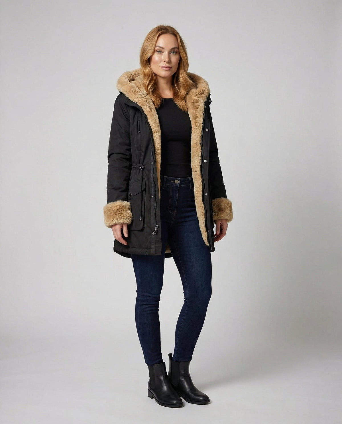 Hooded Longline Padded Winter Parka with Faux Fur Collar for Women