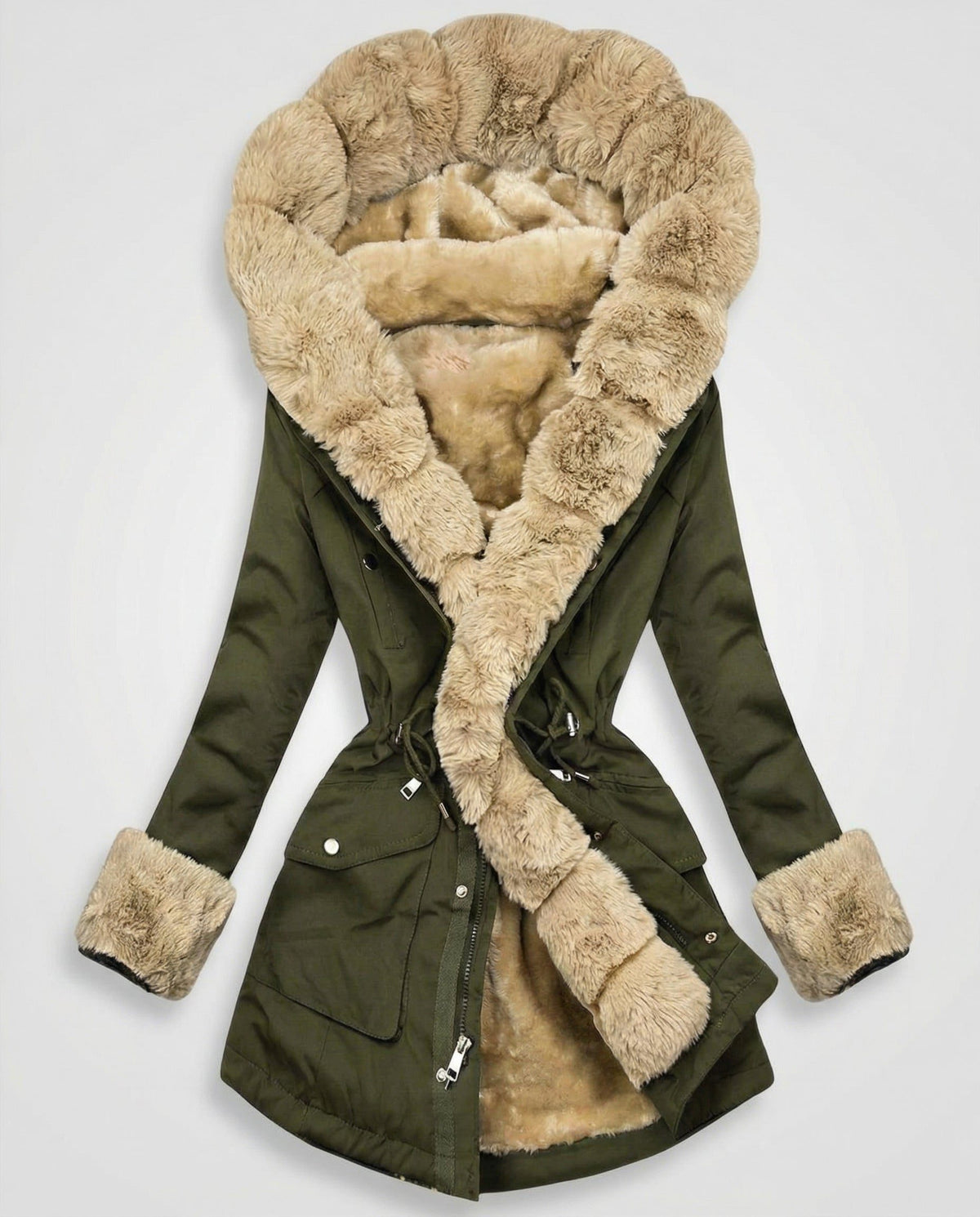 Hooded Longline Padded Winter Parka with Faux Fur Collar for Women - Green