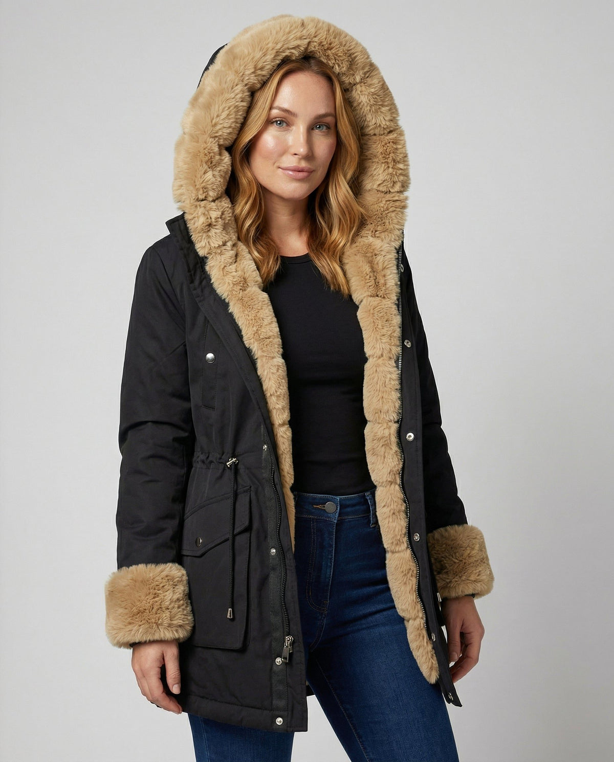 Hooded Longline Padded Winter Parka with Faux Fur Collar for Women - View 2