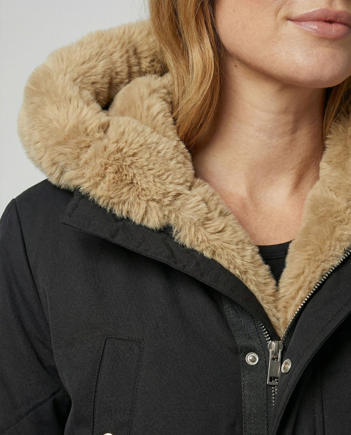 Hooded Longline Padded Winter Parka with Faux Fur Collar for Women - View 3