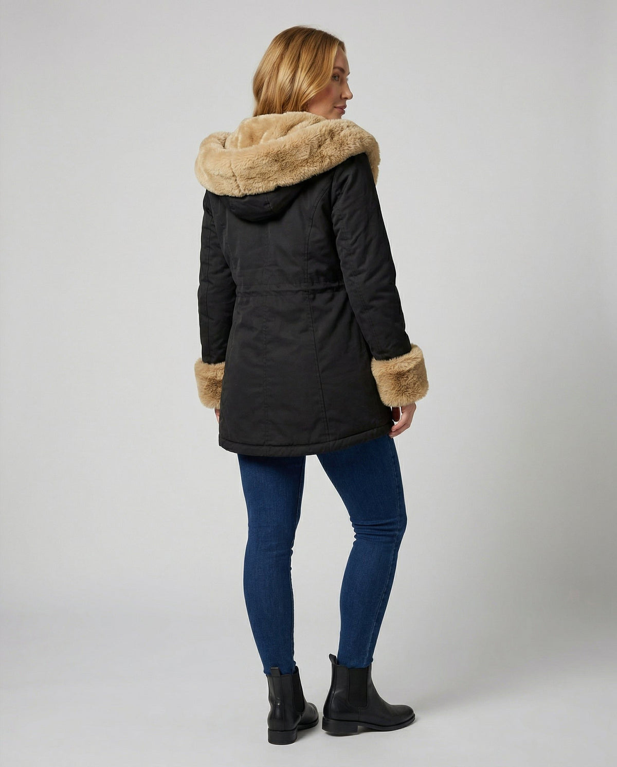 Hooded Longline Padded Winter Parka with Faux Fur Collar for Women - View 4