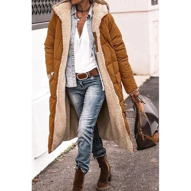 Hooded Longline Puffer Coat with Sherpa Fleece Lining for Women - Brown