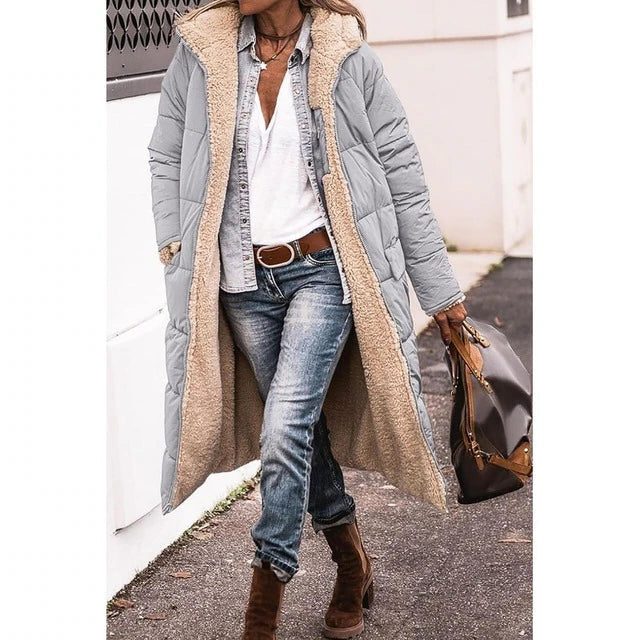 Hooded Longline Puffer Coat with Sherpa Fleece Lining for Women - Grey