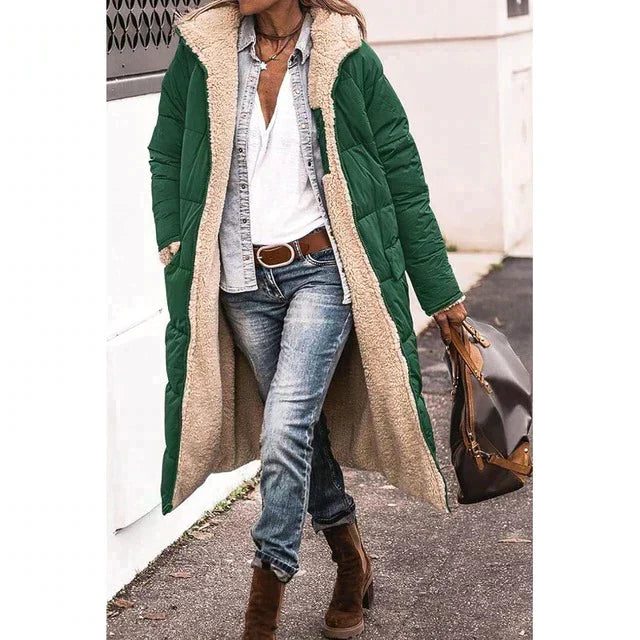 Hooded Longline Puffer Coat with Sherpa Fleece Lining for Women - Green
