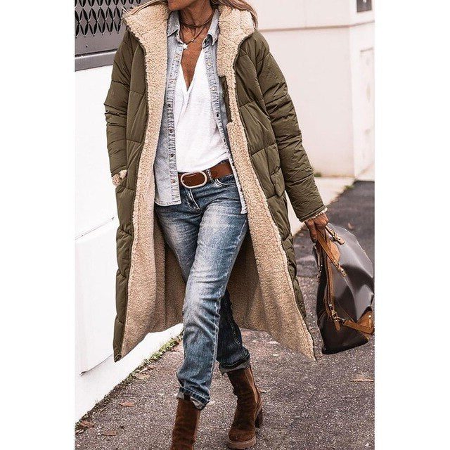 Hooded Longline Puffer Coat with Sherpa Fleece Lining for Women - Olive Green