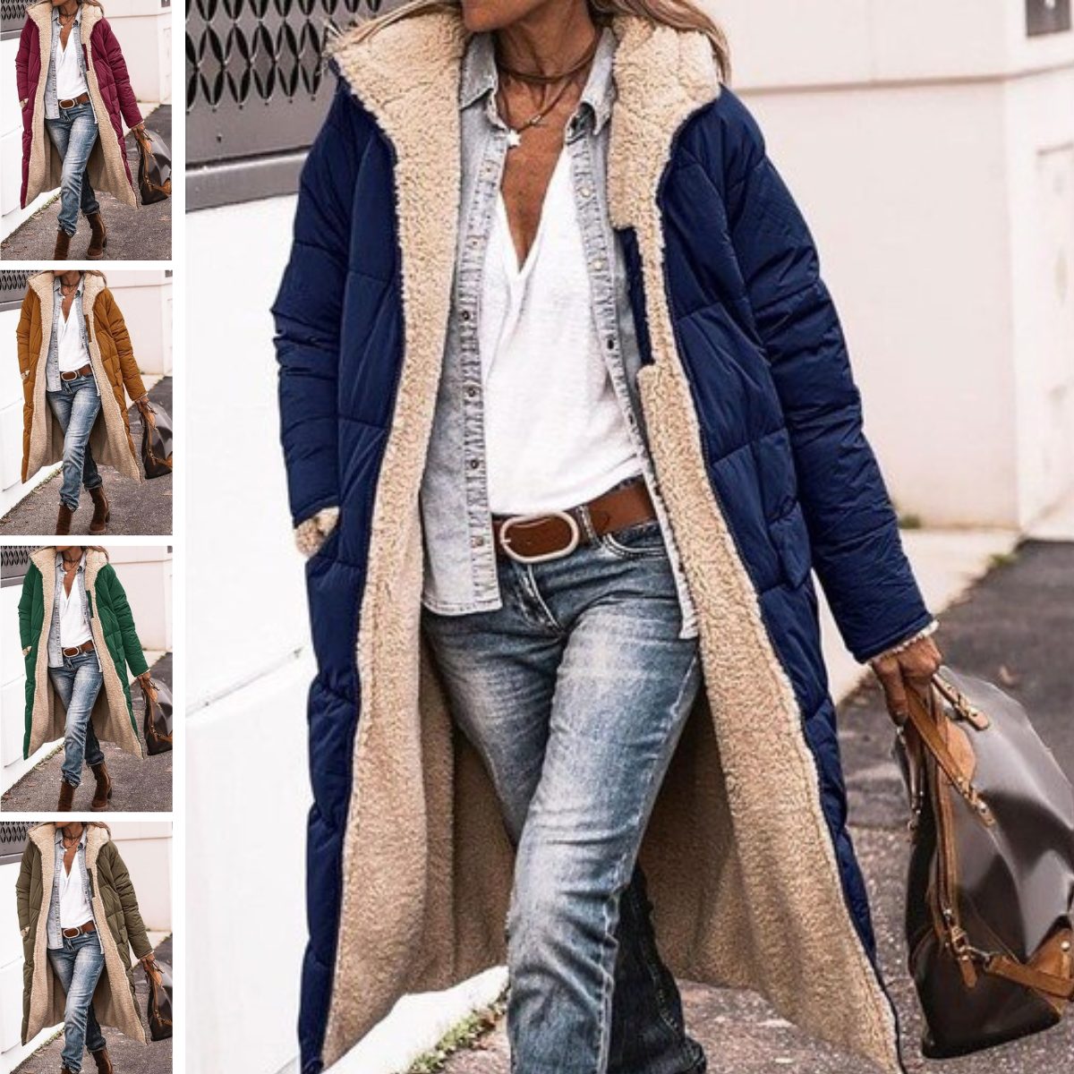 Hooded Longline Puffer Coat with Sherpa Fleece Lining for Women - View 2