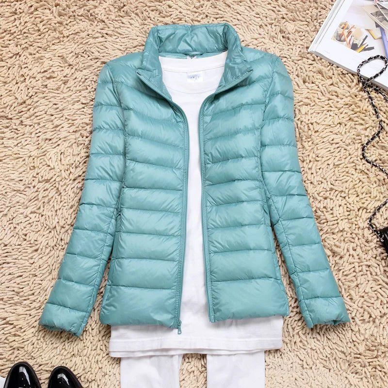 Hooded Padded Puffer Jacket for Women - Powder Blue Stand
