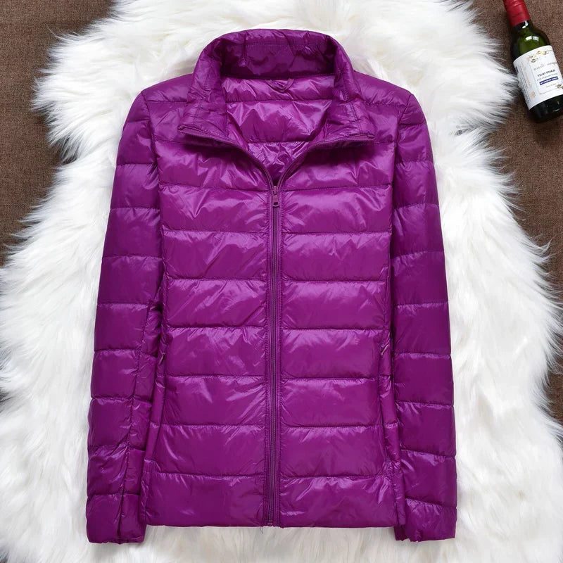 Hooded Padded Puffer Jacket for Women - Purple Stand