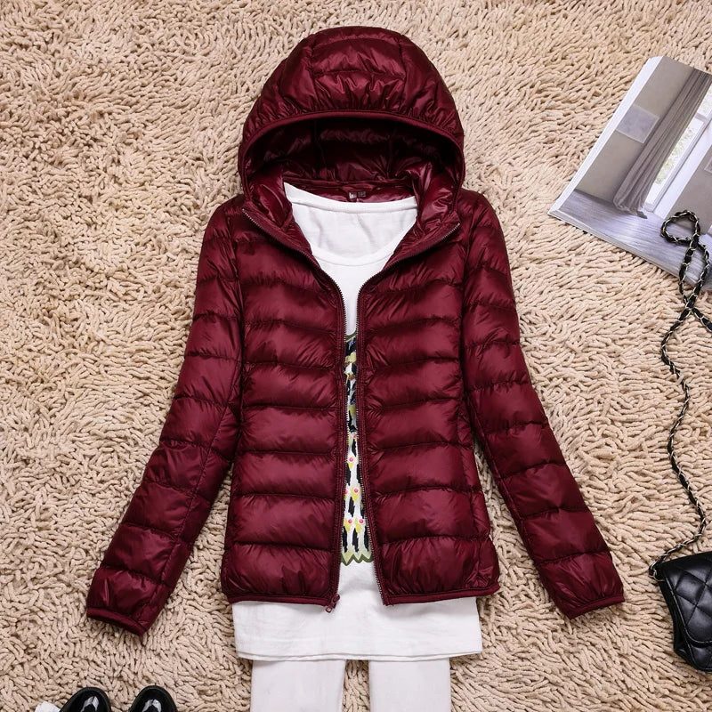 Hooded Padded Puffer Jacket for Women - Burgundy Hood