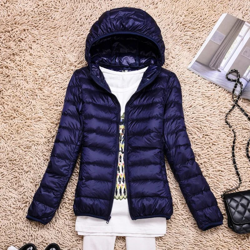 Hooded Padded Puffer Jacket for Women - Navy Blue Hood