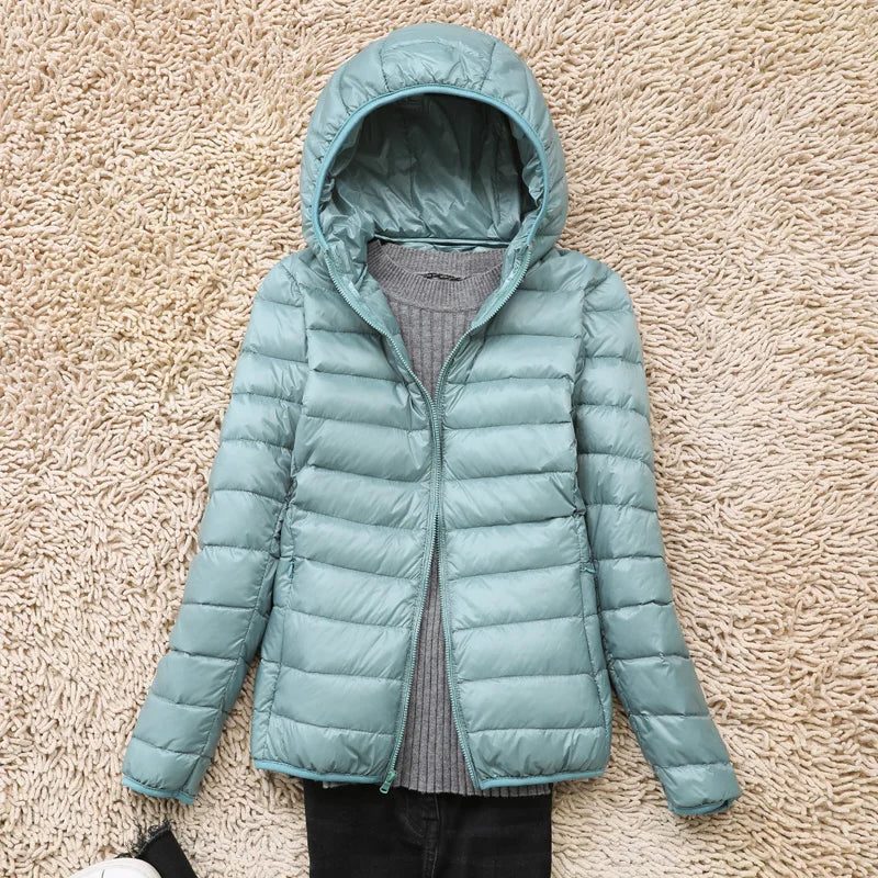 Hooded Padded Puffer Jacket for Women - Powder Blue Hood