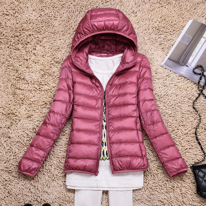 Hooded Padded Puffer Jacket for Women - Pink Hood