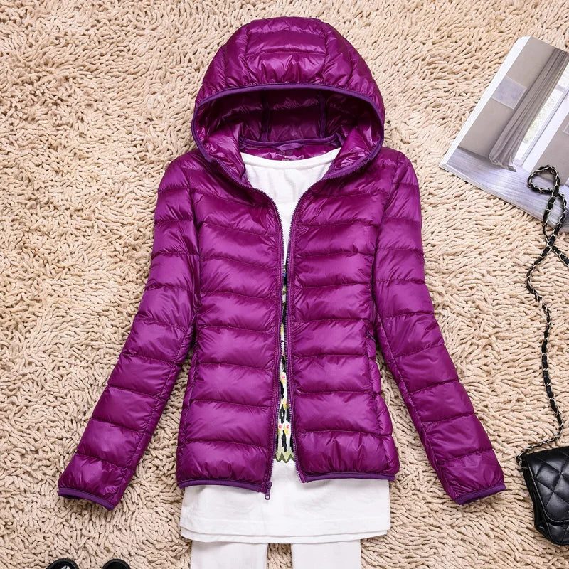 Hooded Padded Puffer Jacket for Women - Purple Hood