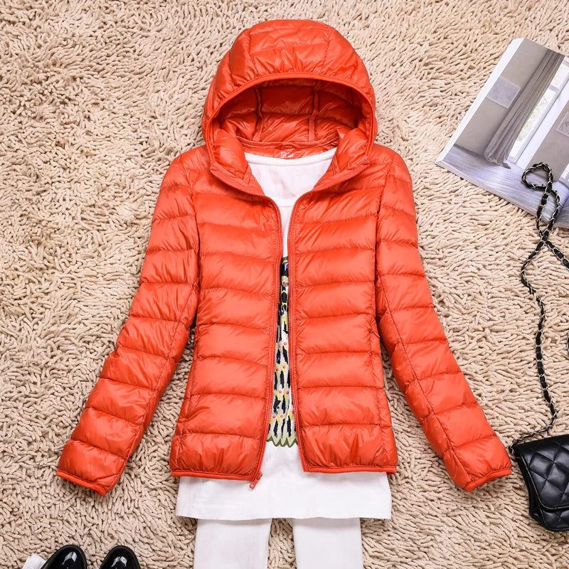 Hooded Padded Puffer Jacket for Women - Orange Hood
