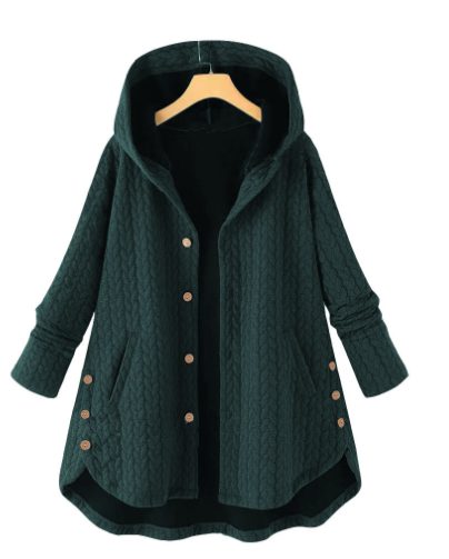 Hooded Quilted Mid-Length Jacket for Women - Dark Green