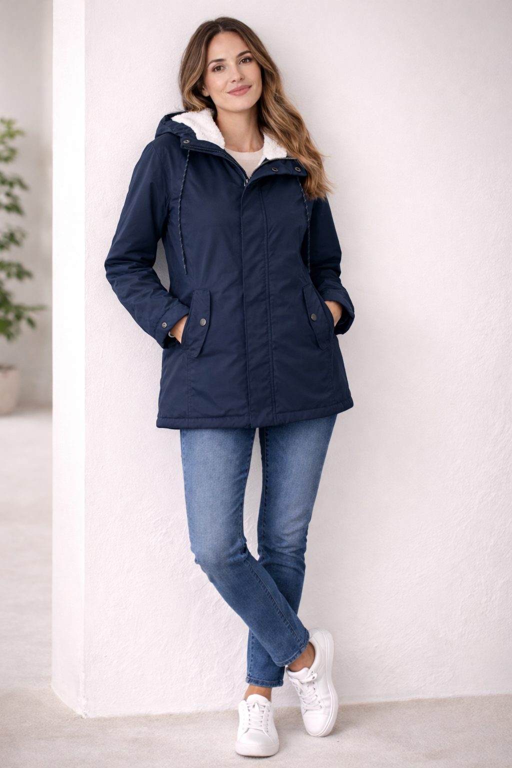 Hooded Quilted Parka Coat for Women - Navy