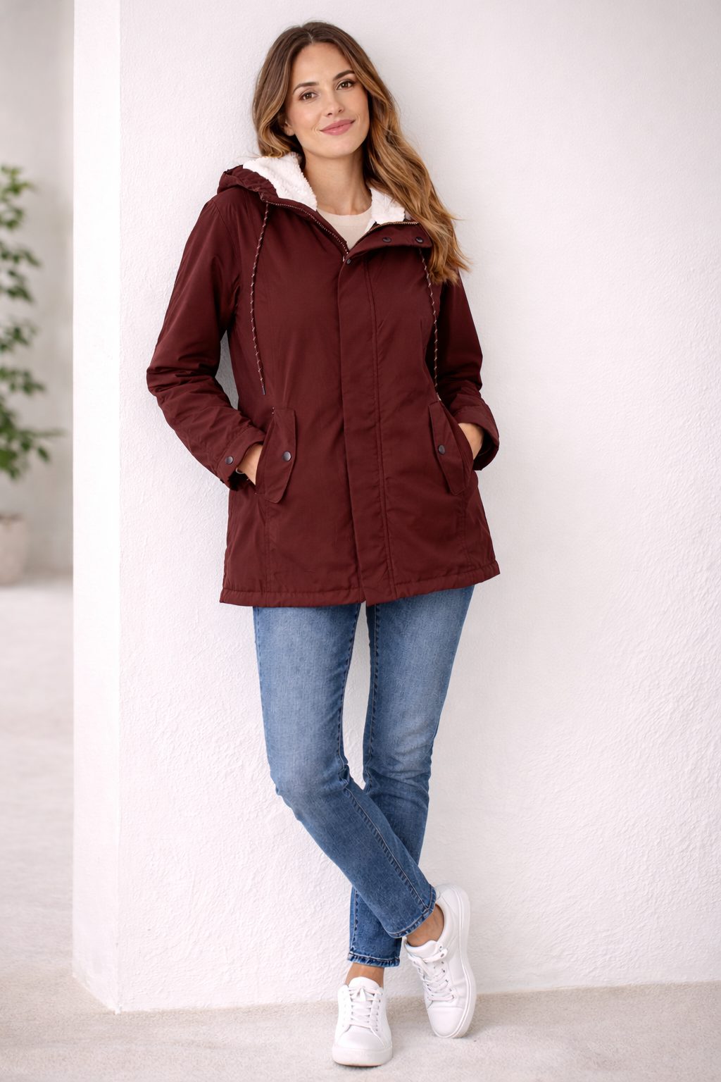 Hooded Quilted Parka Coat for Women - Red