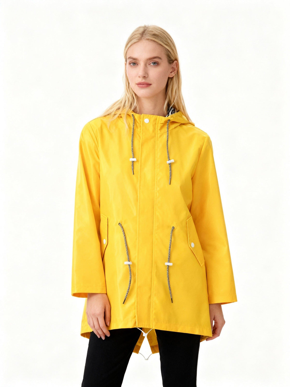 Hooded Waterproof Long Jacket with Drawstring Waist for Women