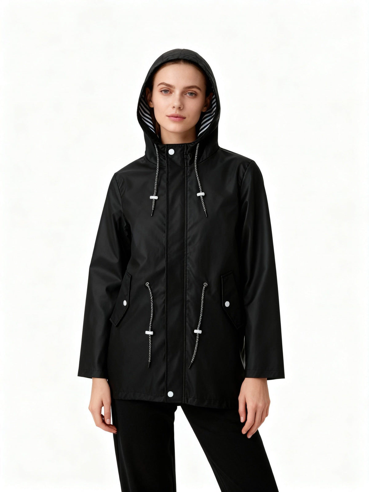 Hooded Waterproof Long Jacket with Drawstring Waist for Women - Black