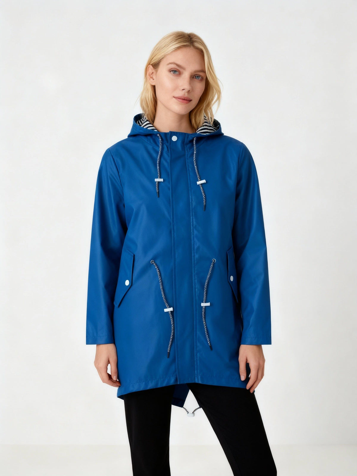Hooded Waterproof Long Jacket with Drawstring Waist for Women - Blue