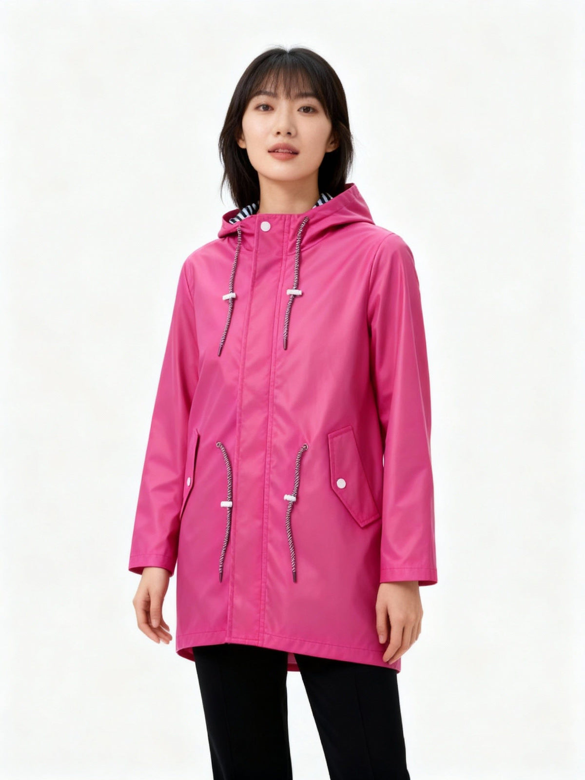 Hooded Waterproof Long Jacket with Drawstring Waist for Women - Pink
