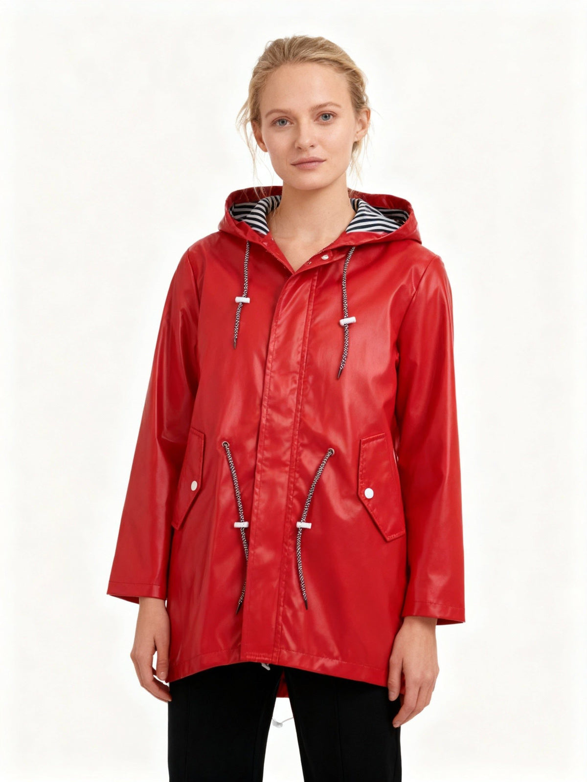 Hooded Waterproof Long Jacket with Drawstring Waist for Women - Red