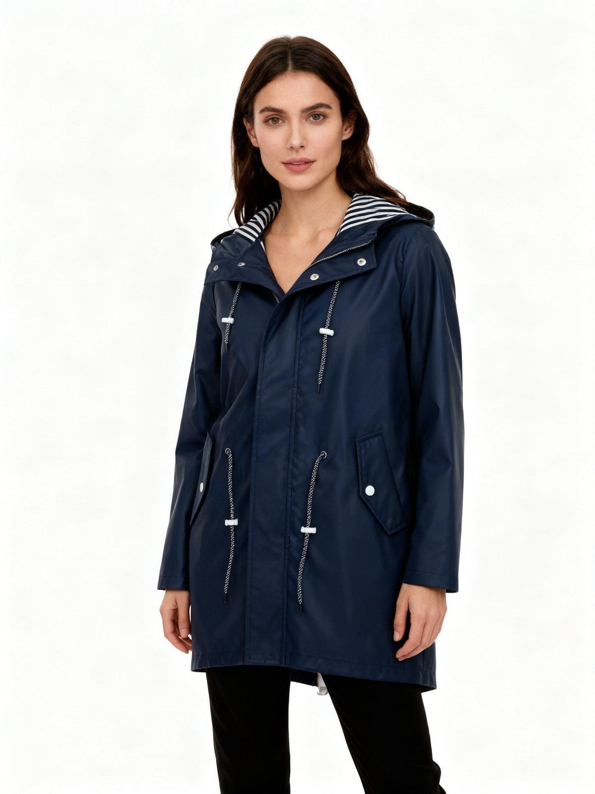 Hooded Waterproof Long Jacket with Drawstring Waist for Women - Navy
