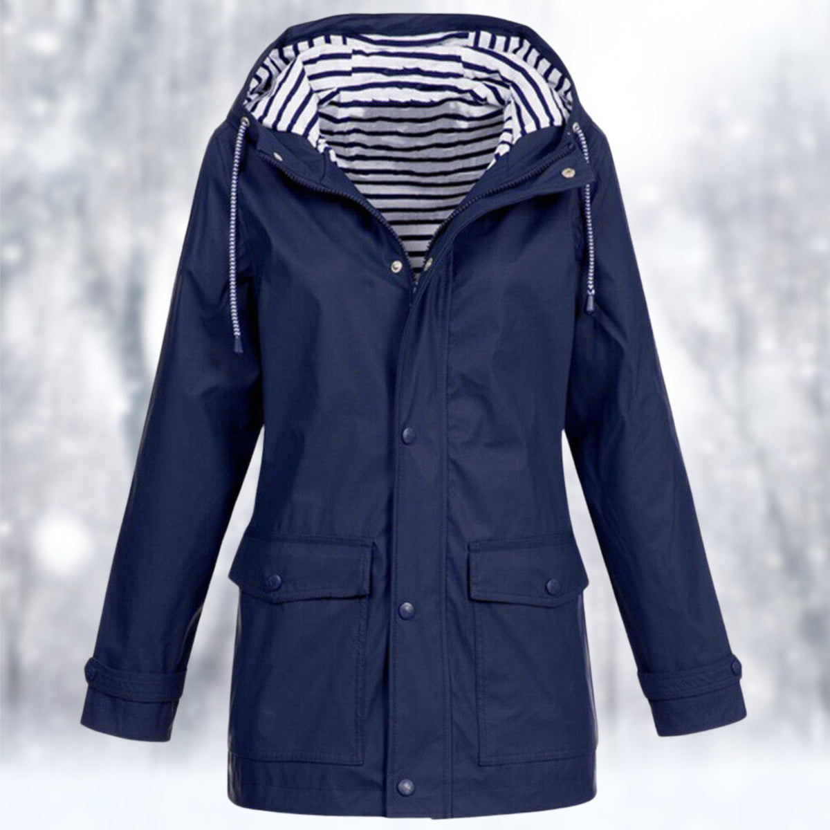 Hooded Waterproof Long Raincoat for Women - Navy