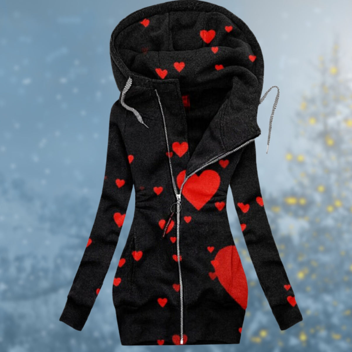 Hooded Zip-Up Heart Print Pullover for Women