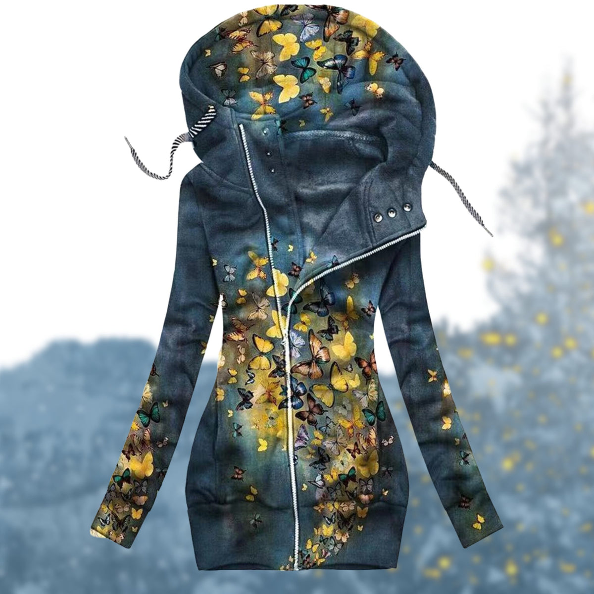 Hooded Zip-Up Heart Print Pullover for Women - Blue/Yellow