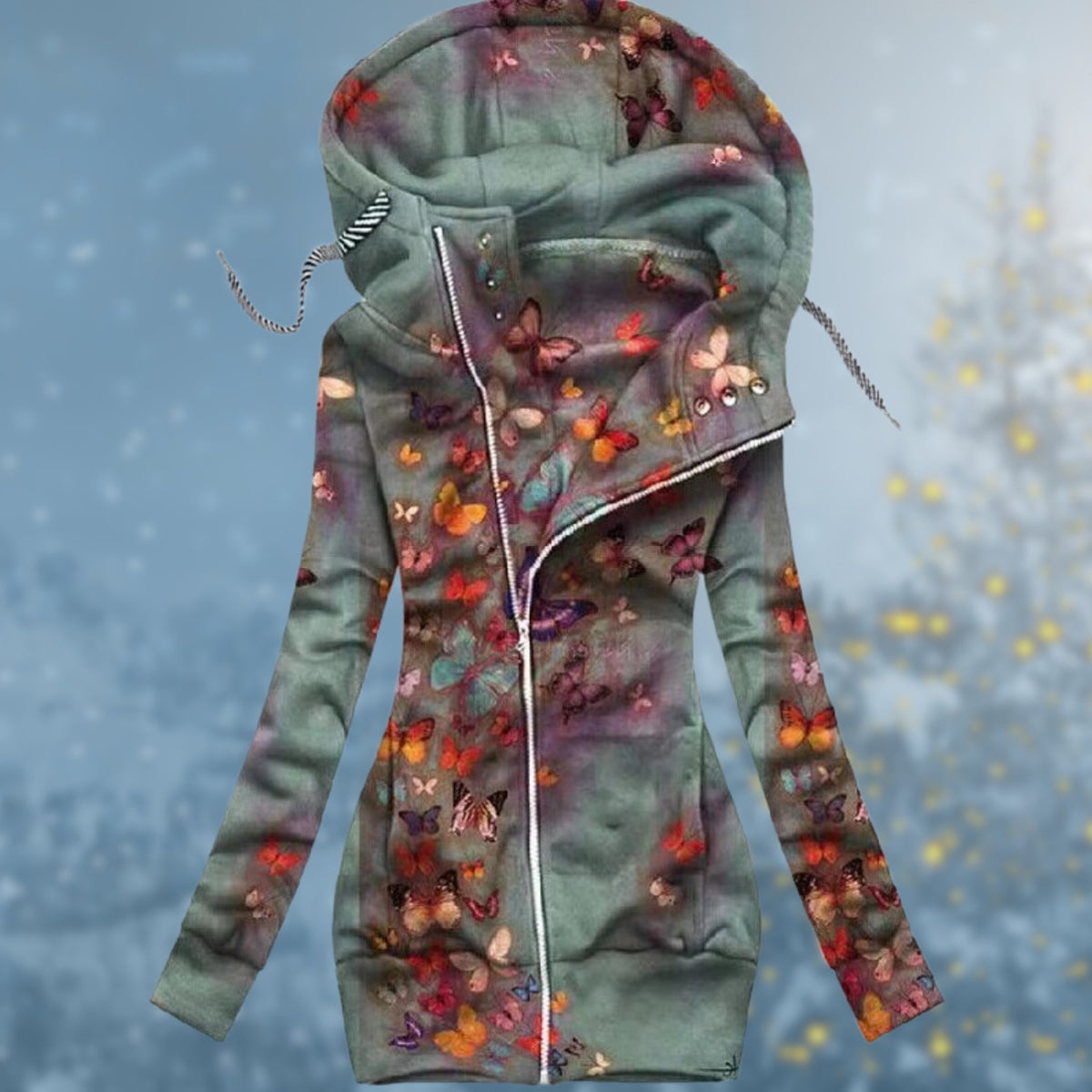 Hooded Zip-Up Heart Print Pullover for Women - Turquoise