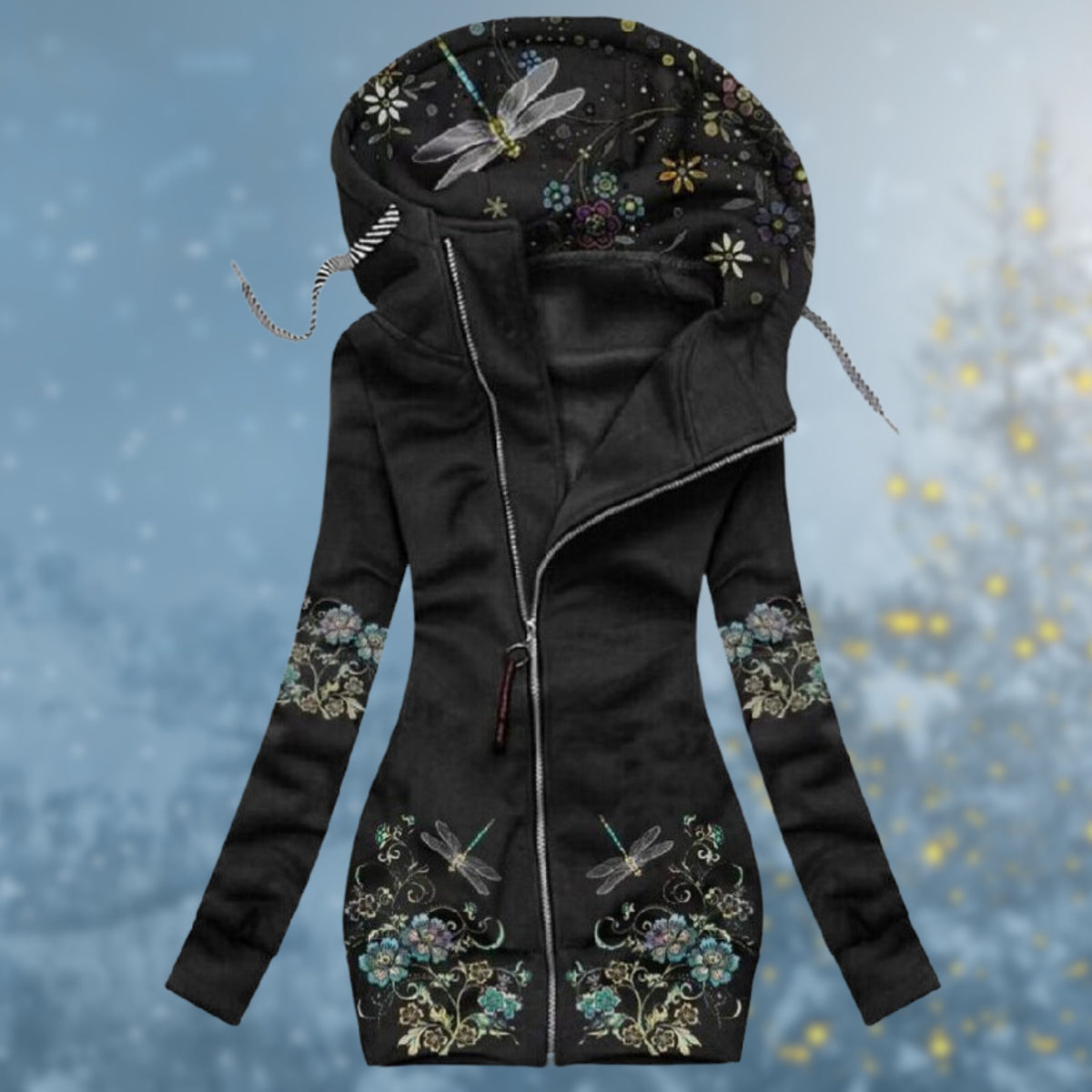 Hooded Zip-Up Heart Print Pullover for Women - Black