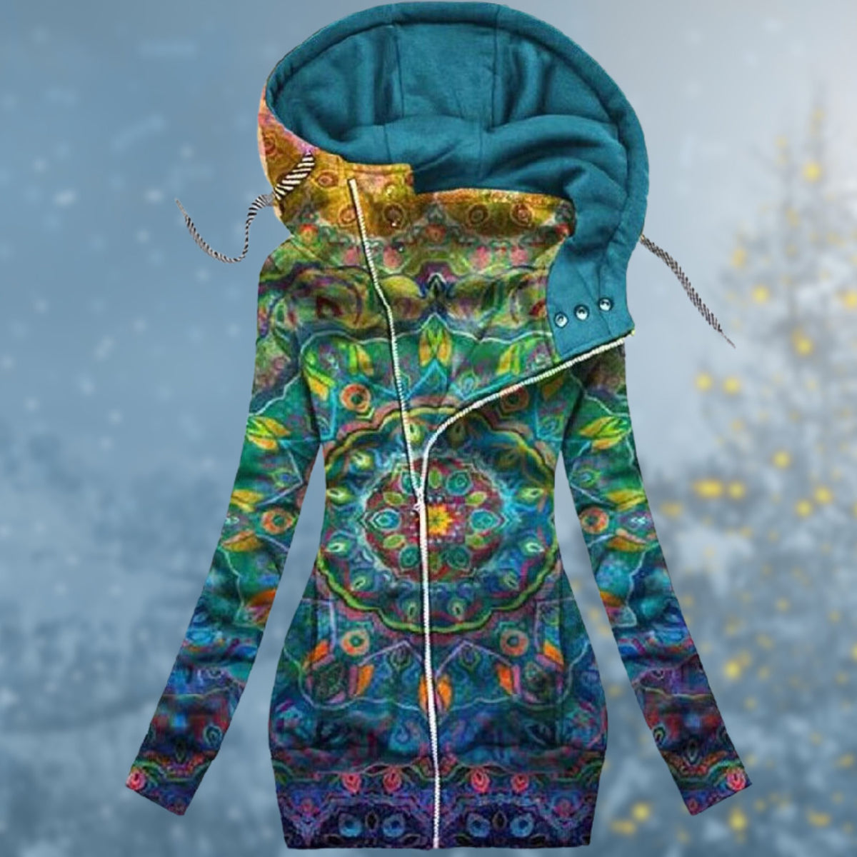 Hooded Zip-Up Heart Print Pullover for Women - Blue Green