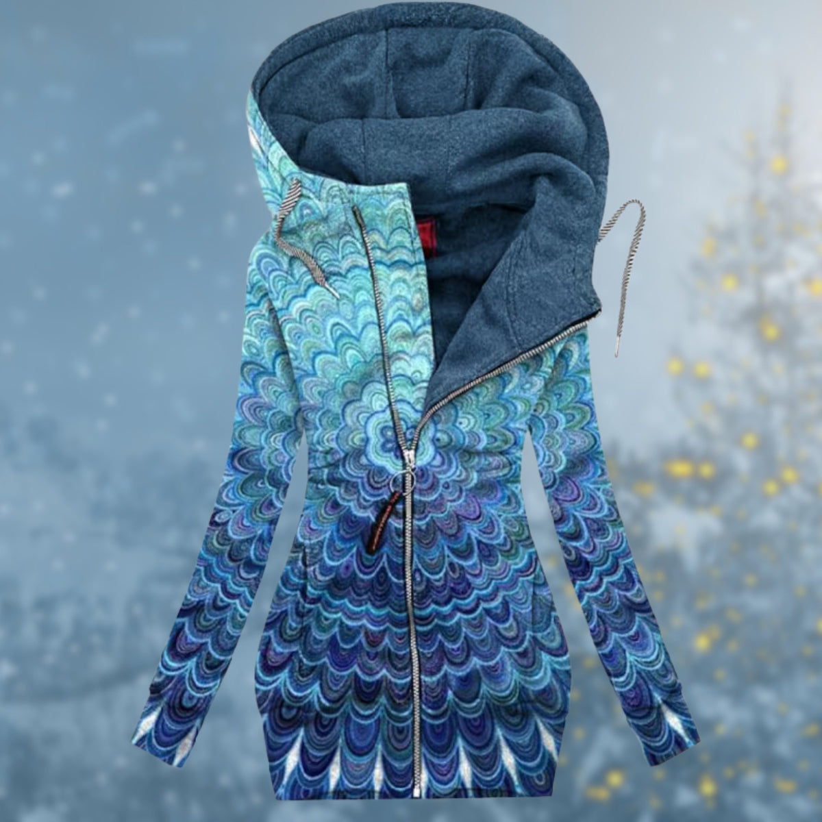 Hooded Zip-Up Heart Print Pullover for Women - Blue