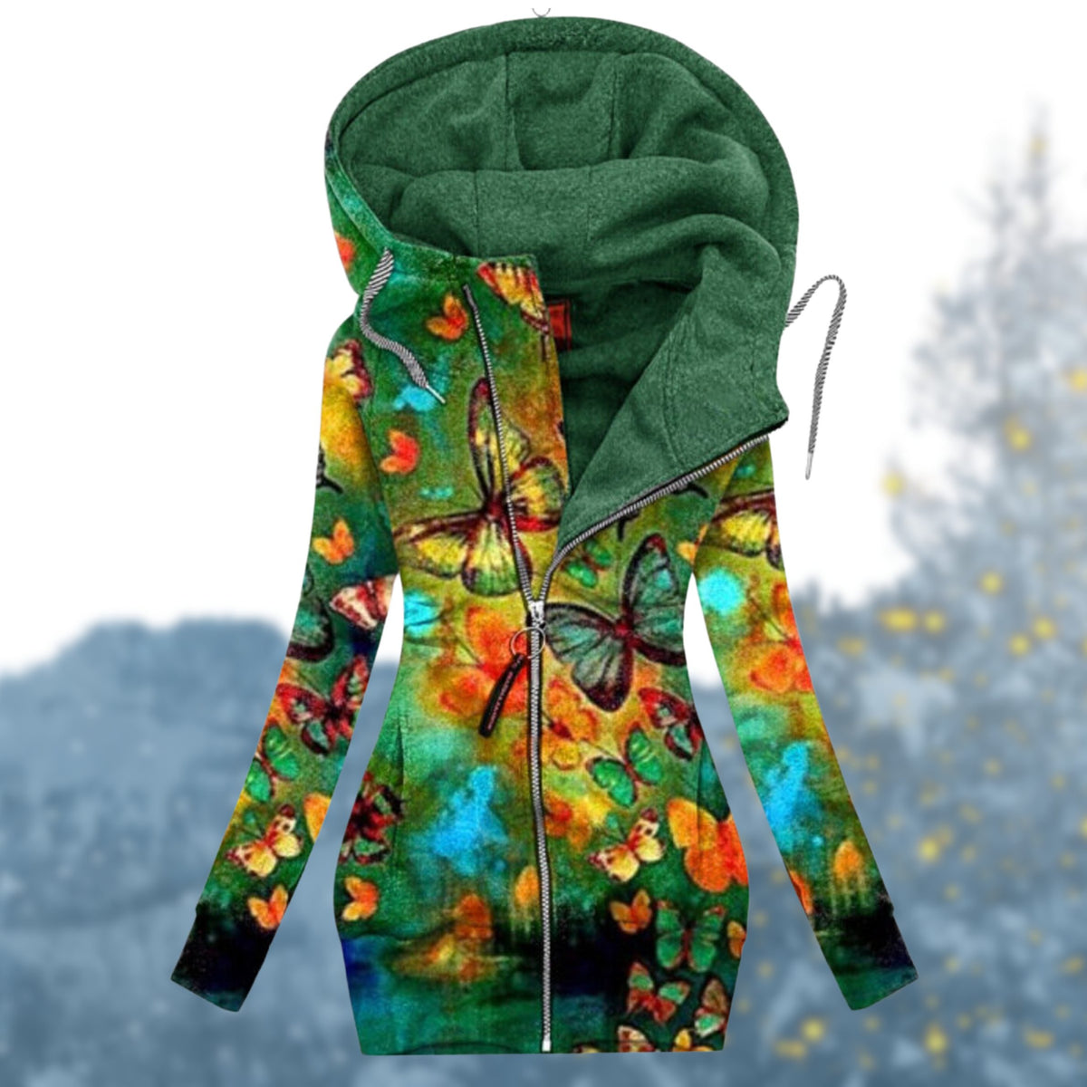 Hooded Zip-Up Heart Print Pullover for Women - Green